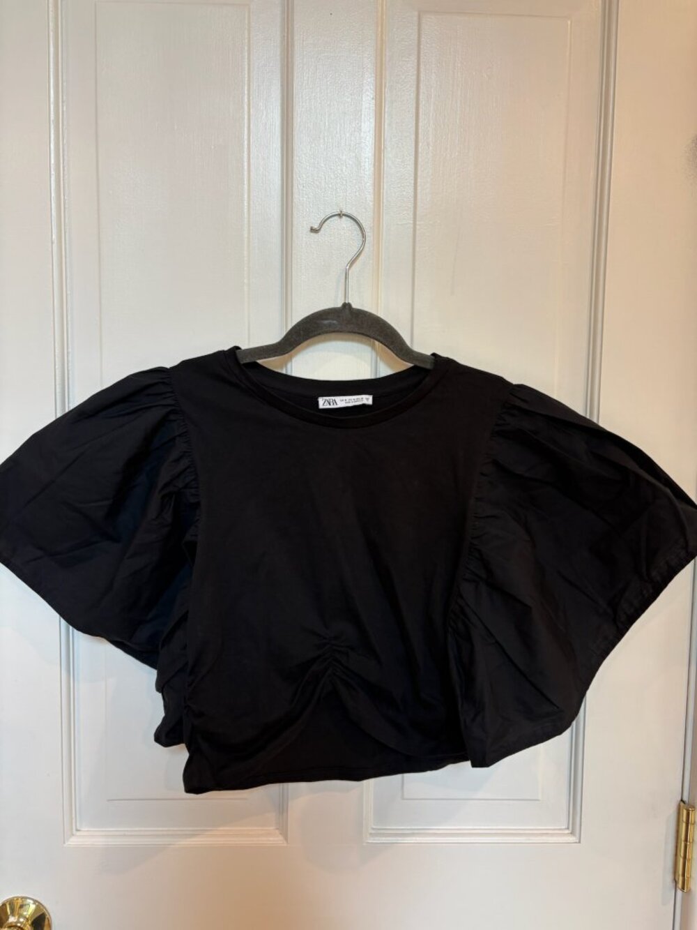 Zara Ruched Front Voluminous Ruffle-Sleeve Crop Top, Size